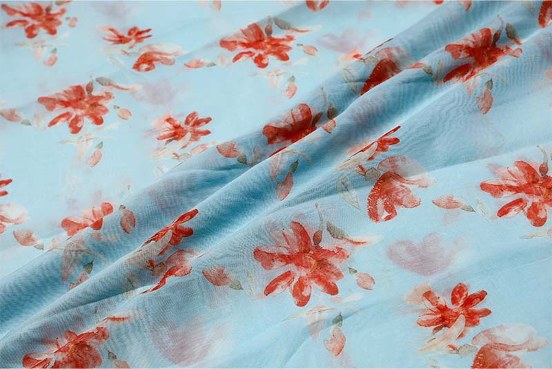Sky Blue Pure Cotton Fabric with Multicolored Digital Floral Prints