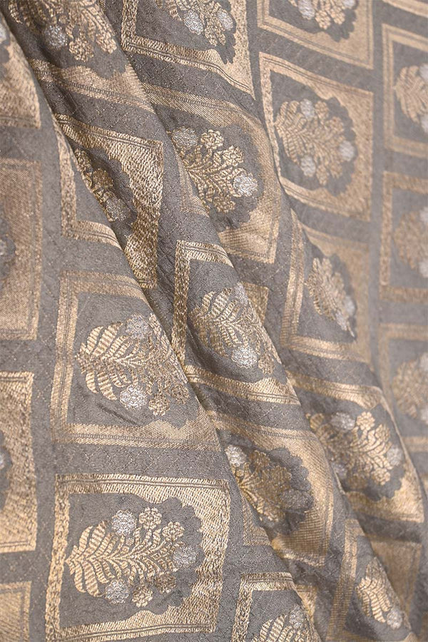Grey Banarasi Silk Fabric with Floral Ornament Pattern