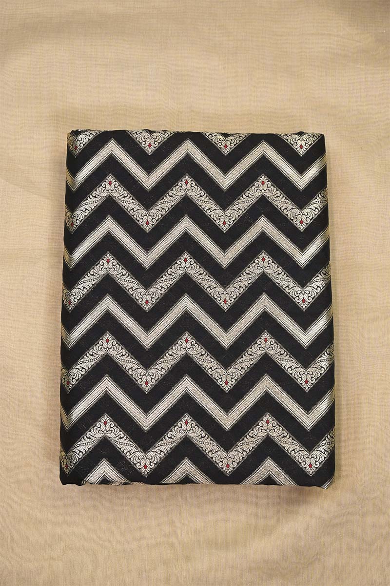 Black Banarasi Silk Fabric with Zig-Zag Zari Stripes and Meenakari Work