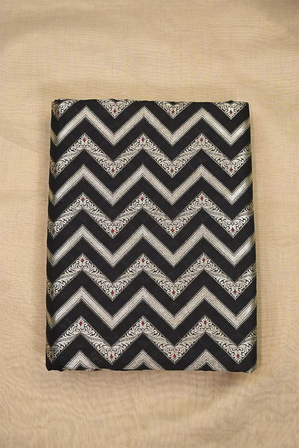 Black Banarasi Silk Fabric with Zig-Zag Zari Stripes and Meenakari Work