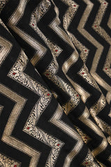 Black Banarasi Silk Fabric with Zig-Zag Zari Stripes and Meenakari Work