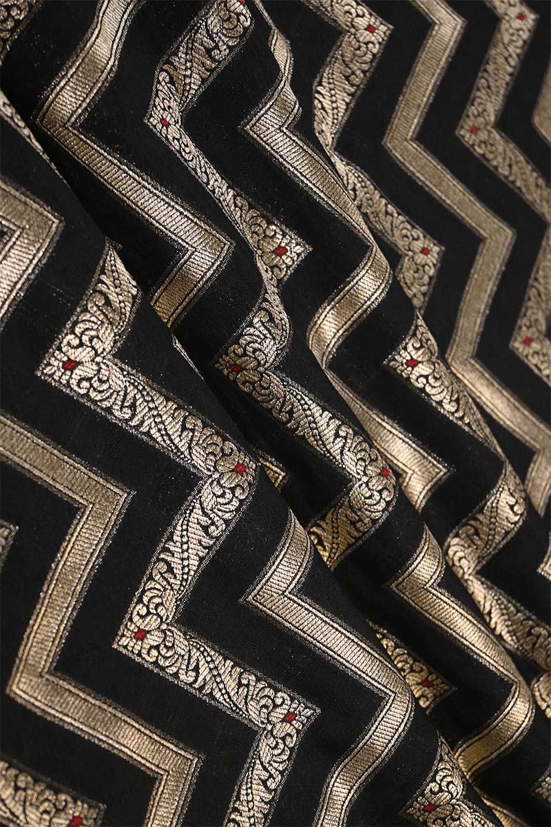 Black Banarasi Silk Fabric with Zig-Zag Zari Stripes and Meenakari Work