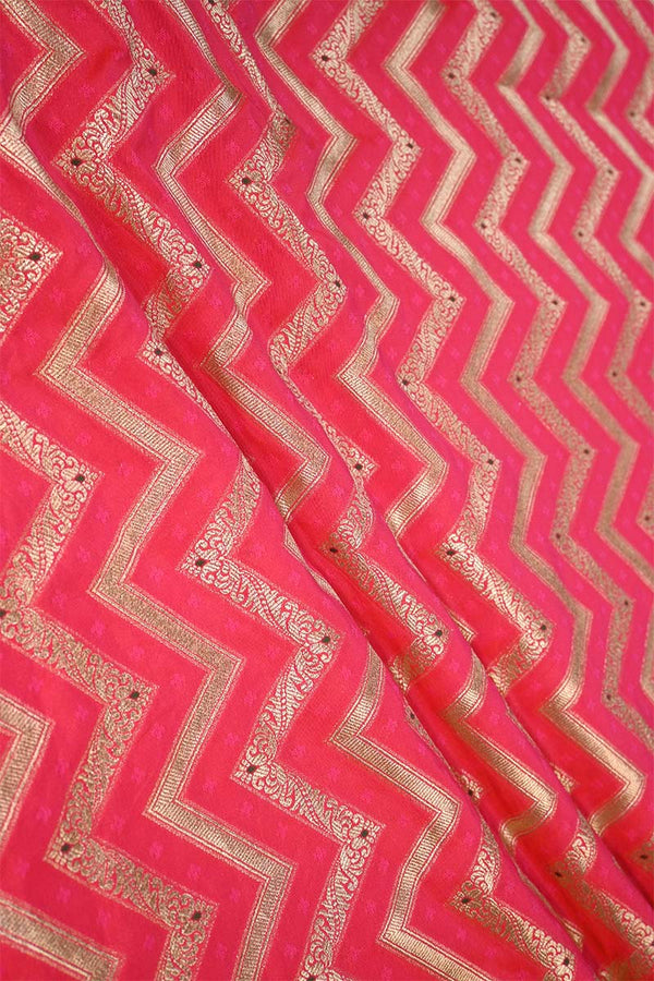 Pink Banarasi Silk Fabric with Zig-Zag Zari Stripes and Meenakari Work