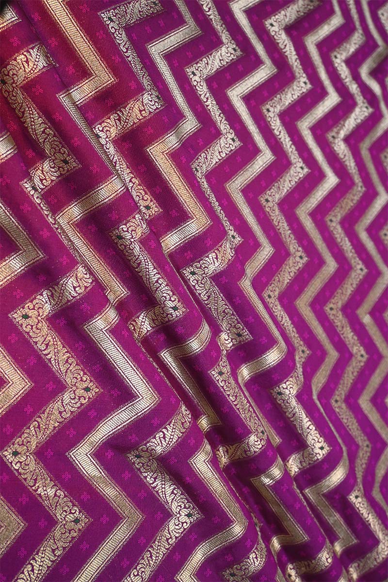 Purple Banarasi Silk Fabric with Zig-Zag Zari Stripes and Meenakari Work