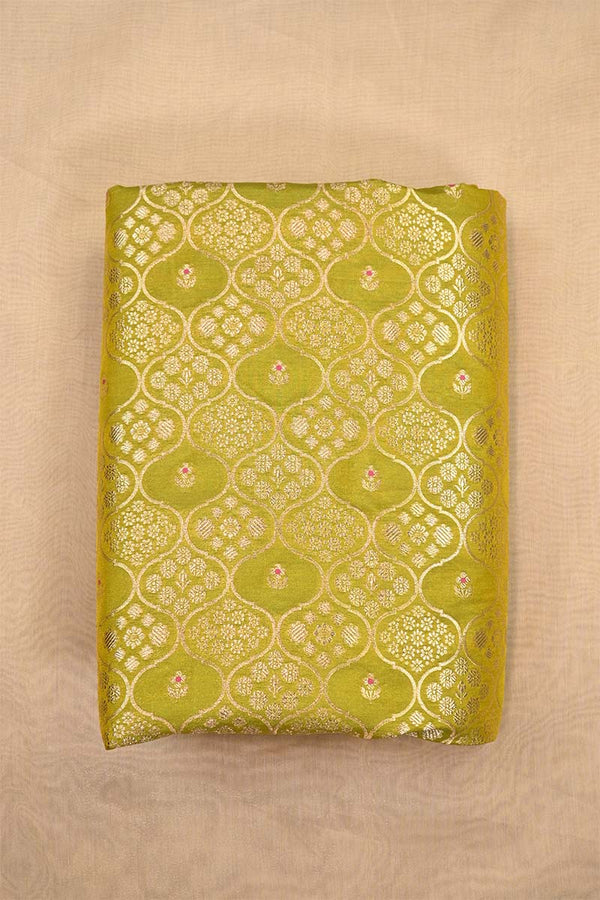 Lime Green Banarasi Silk Fabric with Floral Ornament Jaal Work