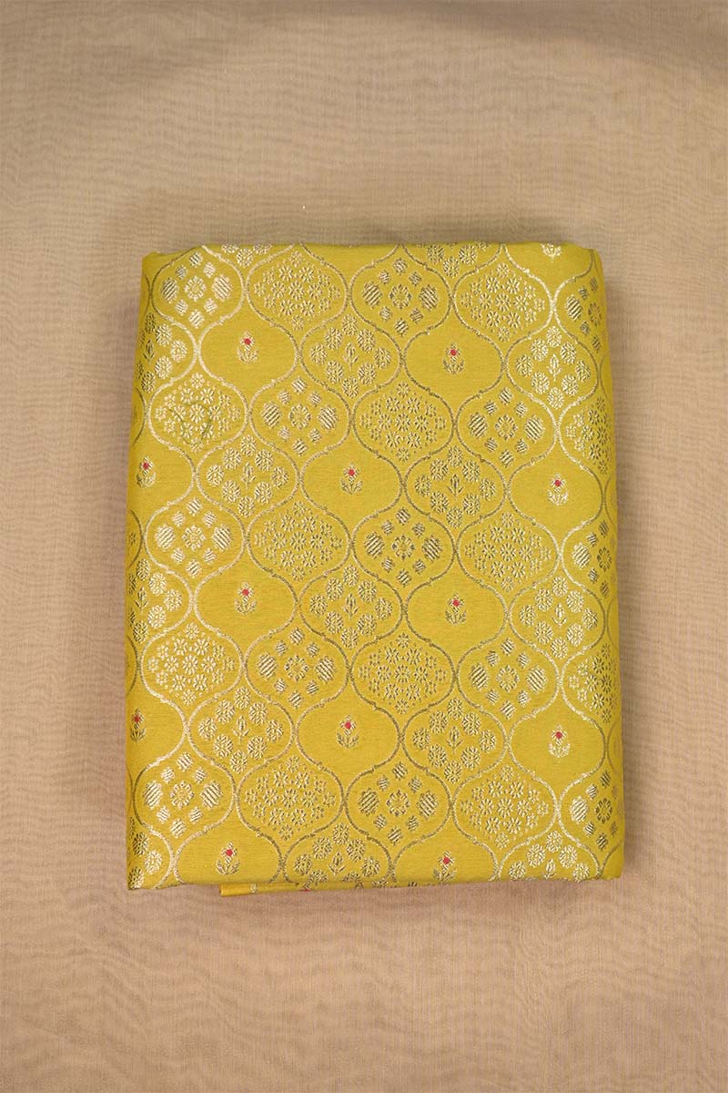 Yellow Banarasi Silk Fabric with Floral Ornament Jaal Work