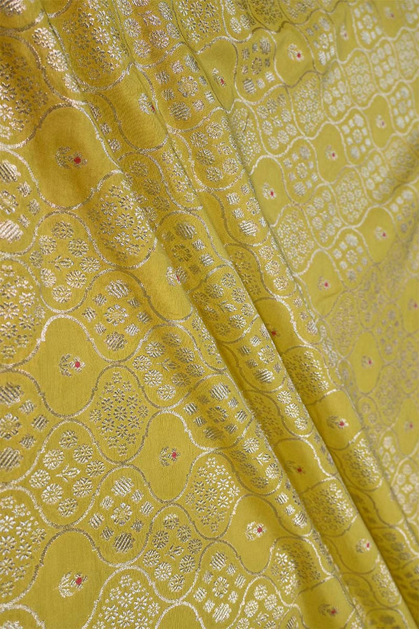 Yellow Banarasi Silk Fabric with Floral Ornament Jaal Work