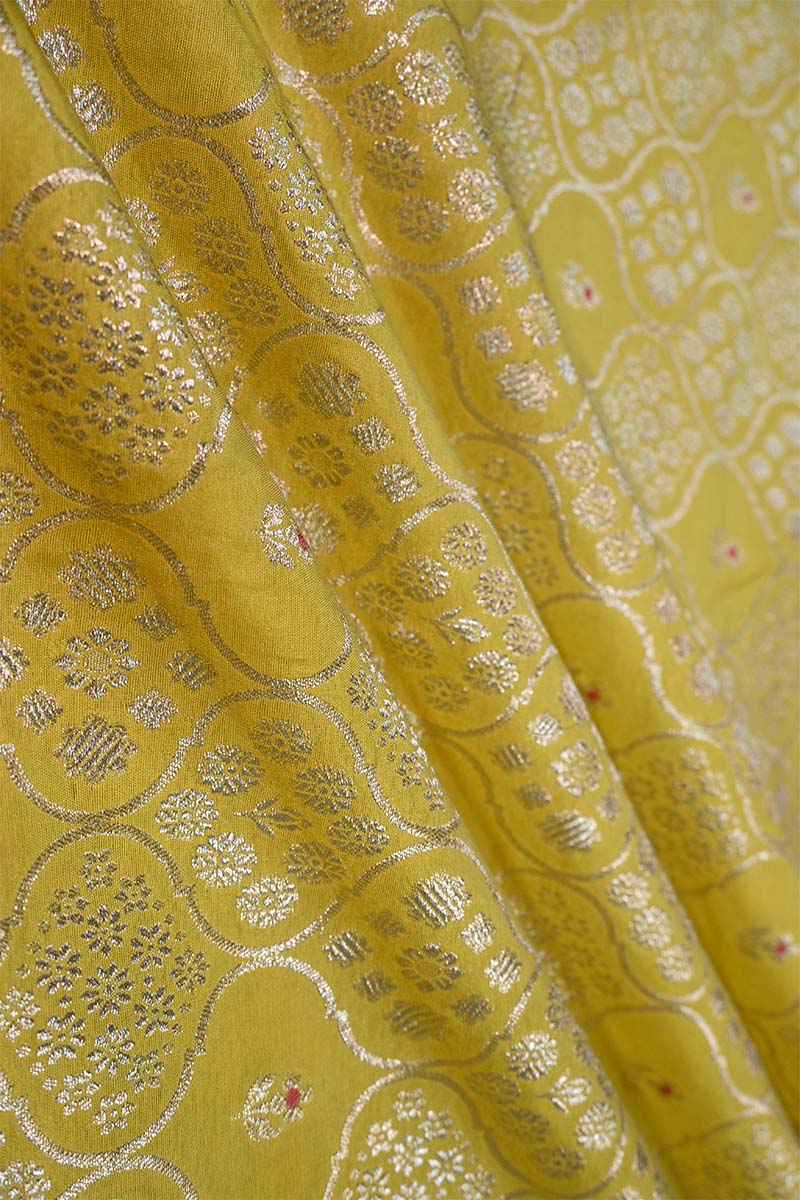 Yellow Banarasi Silk Fabric with Floral Ornament Jaal Work