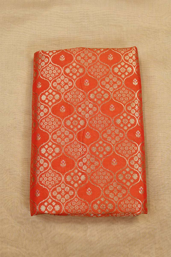 Orange Banarasi Silk Fabric with Floral Ornament Jaal Work