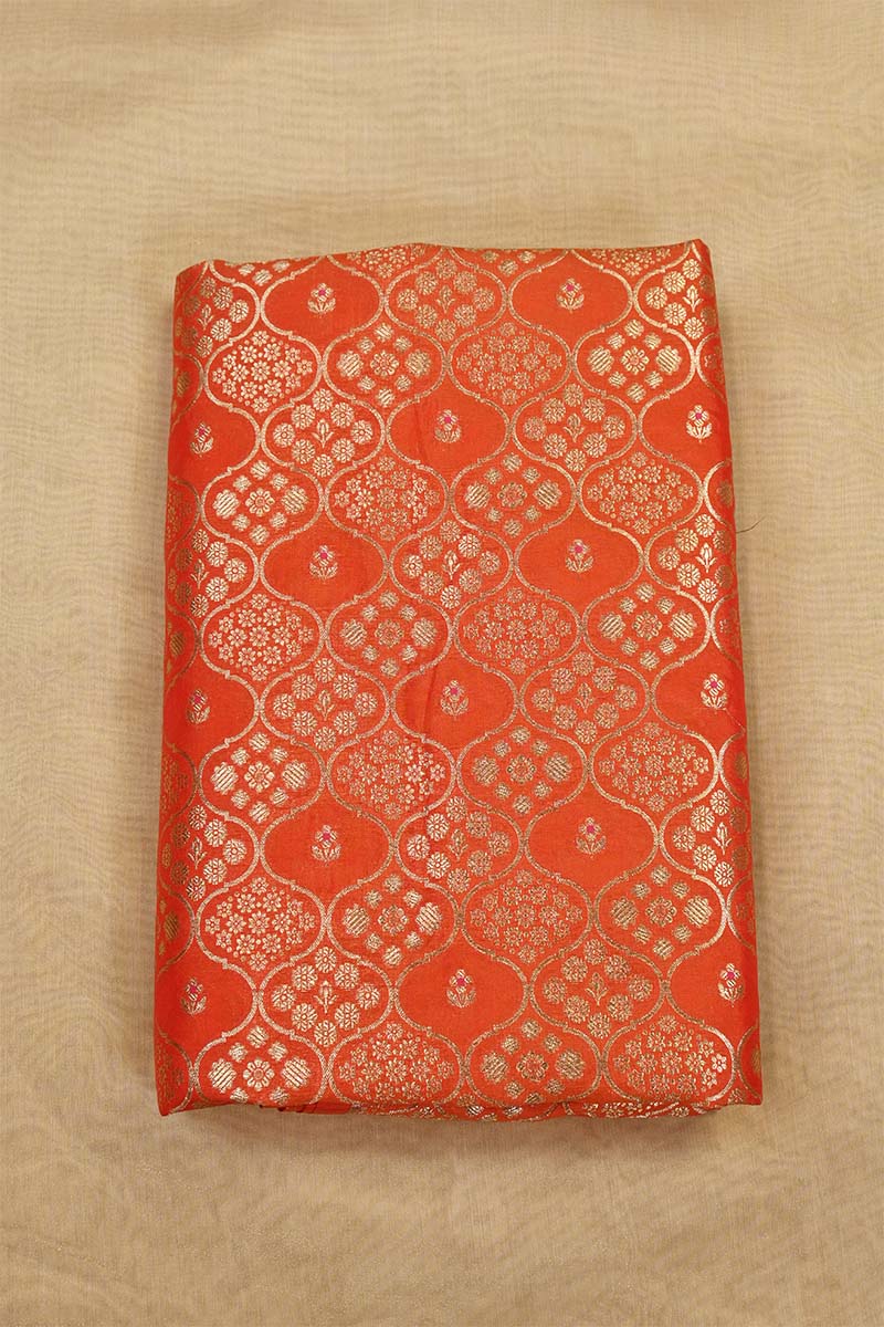 Orange Banarasi Silk Fabric with Floral Ornament Jaal Work