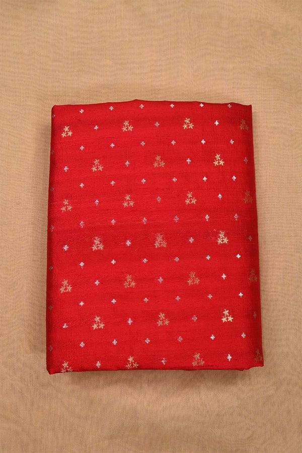 Cherry Red Raw Silk Fabric with Gold and Silver Motifs