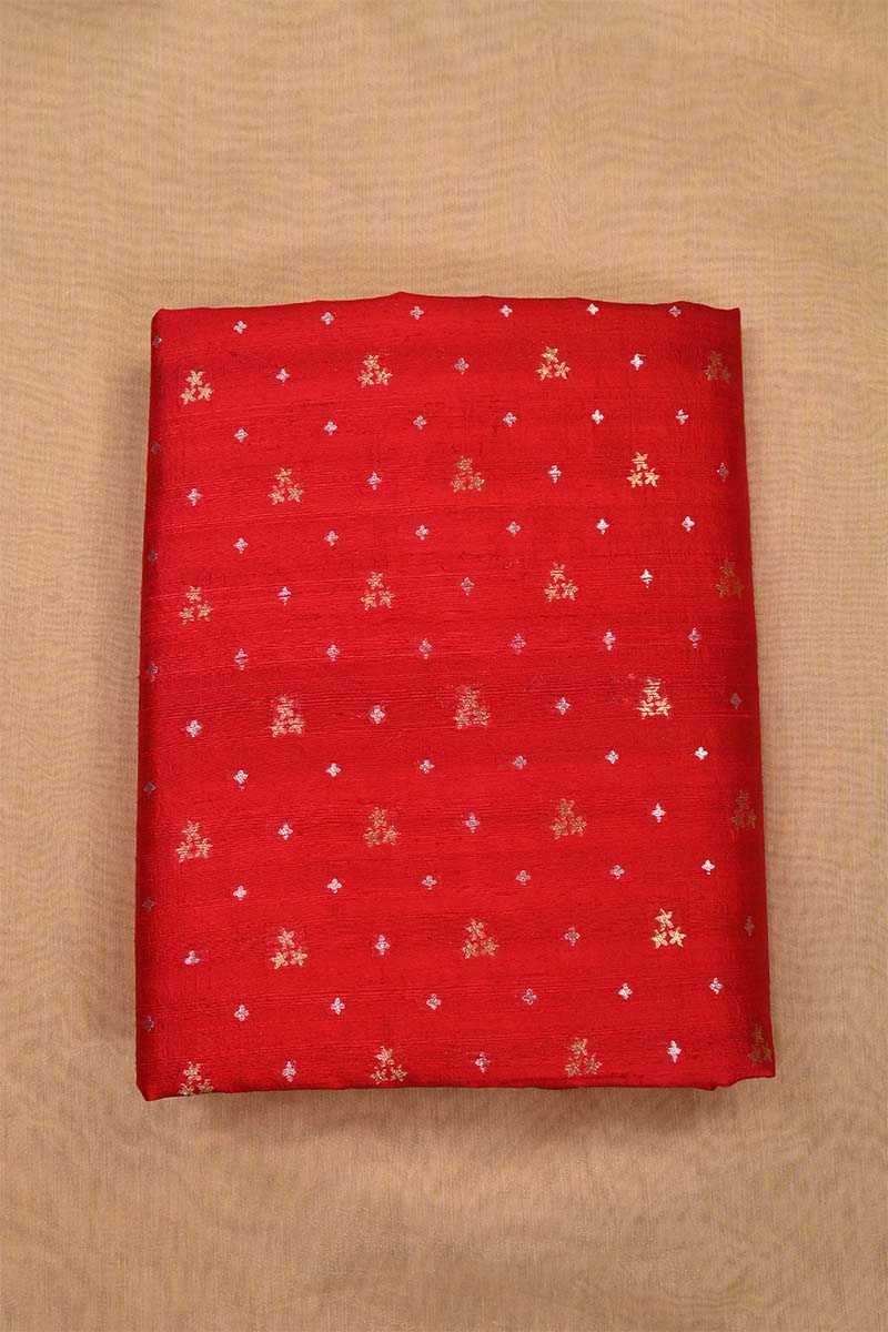 Cherry Red Raw Silk Fabric with Gold and Silver Motifs