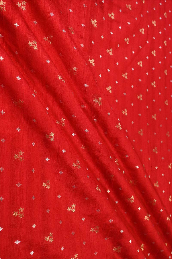 Cherry Red Raw Silk Fabric with Gold and Silver Motifs