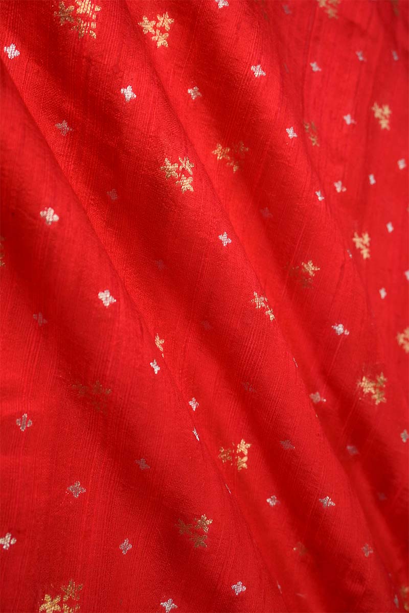 Cherry Red Raw Silk Fabric with Gold and Silver Motifs