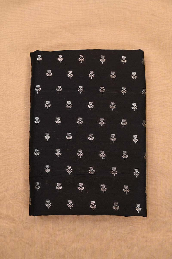 Black Pure Raw Silk Fabric with Gold and Silver Zari Motifs