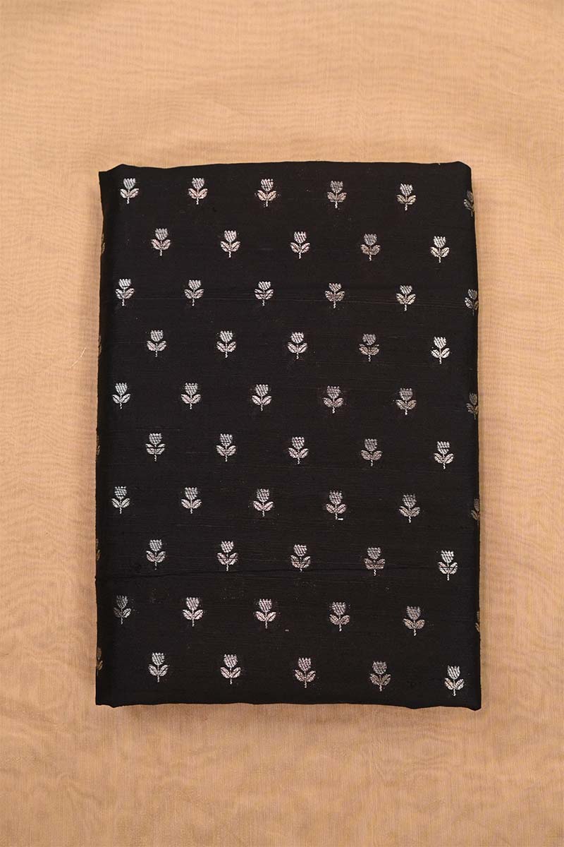 Black Pure Raw Silk Fabric with Gold and Silver Zari Motifs