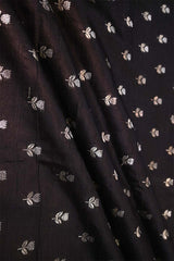 Black Pure Raw Silk Fabric with Gold and Silver Zari Motifs