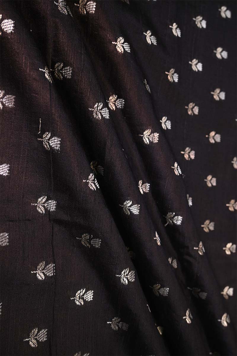Black Pure Raw Silk Fabric with Gold and Silver Zari Motifs