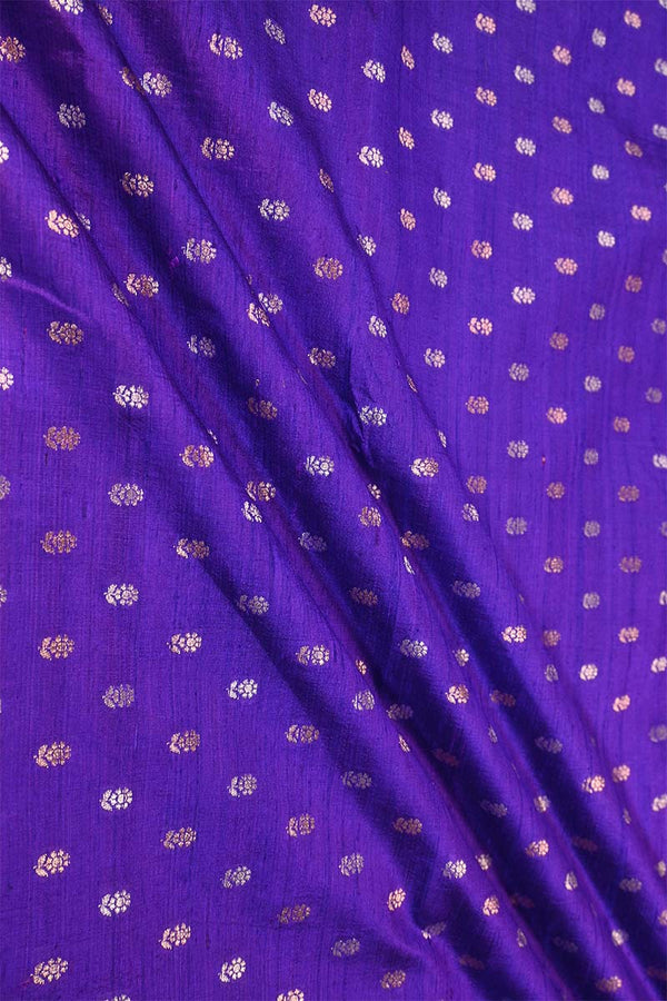 Purple Handloom Raw Silk Fabric with Gold and Silver Zari Motifs