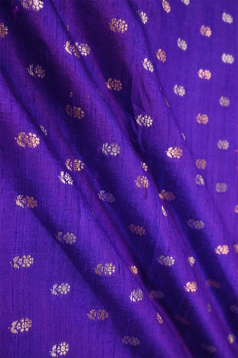 Purple Handloom Raw Silk Fabric with Gold and Silver Zari Motifs