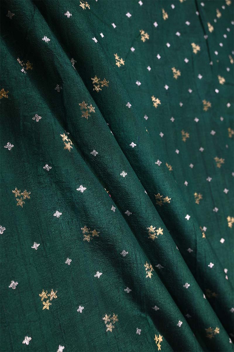 Bottle Green Raw Silk Fabric with Gold and Silver Motifs