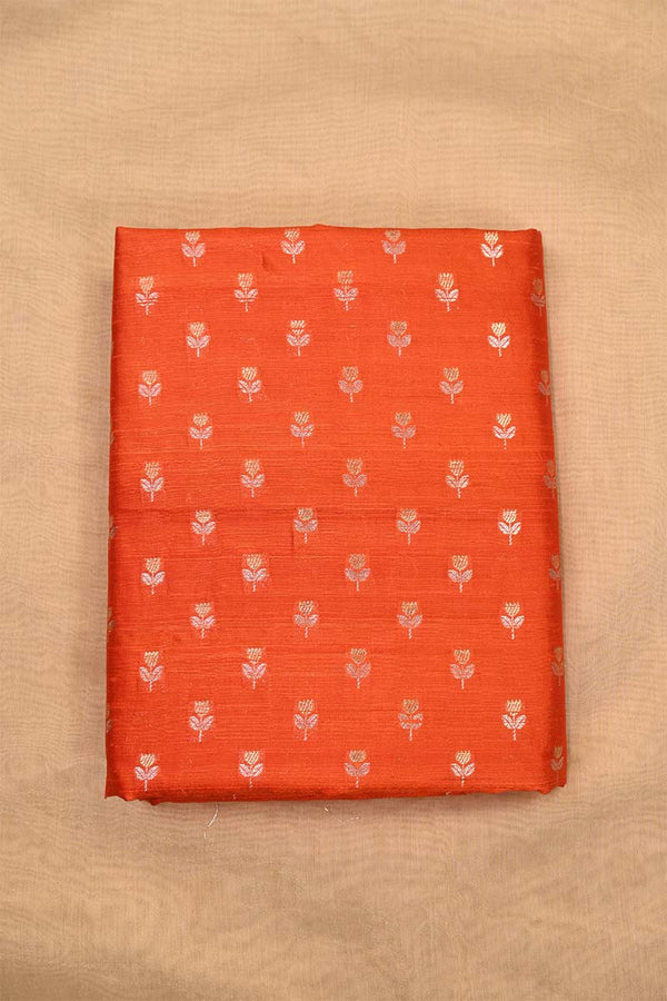 Orange Pure Raw Silk Fabric with Gold and Silver Zari Motifs