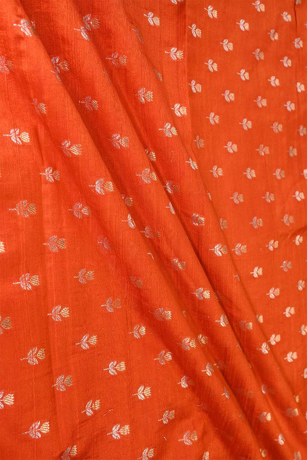 Orange Pure Raw Silk Fabric with Gold and Silver Zari Motifs