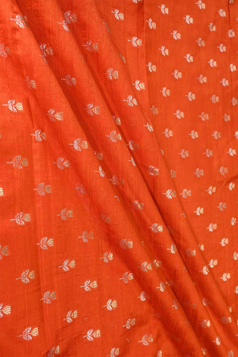 Orange Pure Raw Silk Fabric with Gold and Silver Zari Motifs