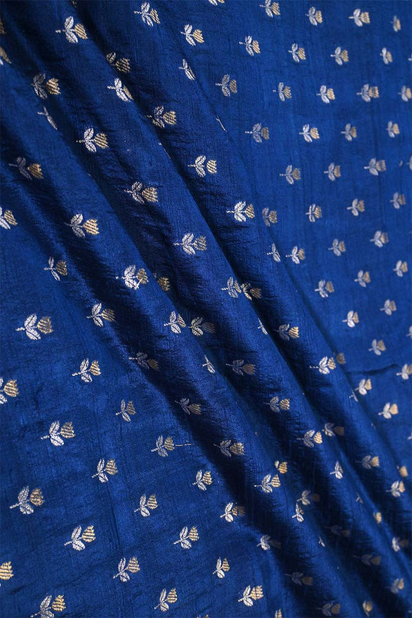 Royal Blue Pure Raw Silk Fabric with Gold and Silver Zari Motifs