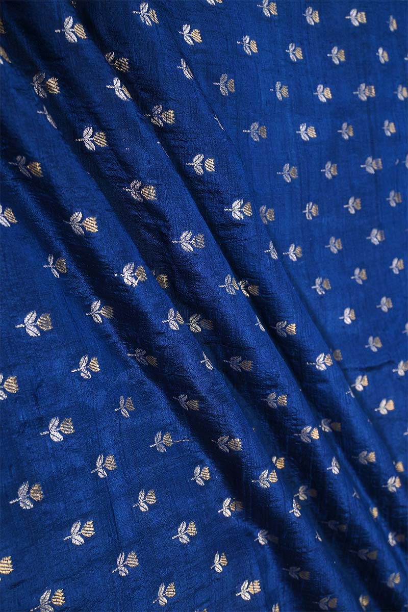 Royal Blue Pure Raw Silk Fabric with Gold and Silver Zari Motifs