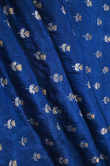 Royal Blue Pure Raw Silk Fabric with Gold and Silver Zari Motifs