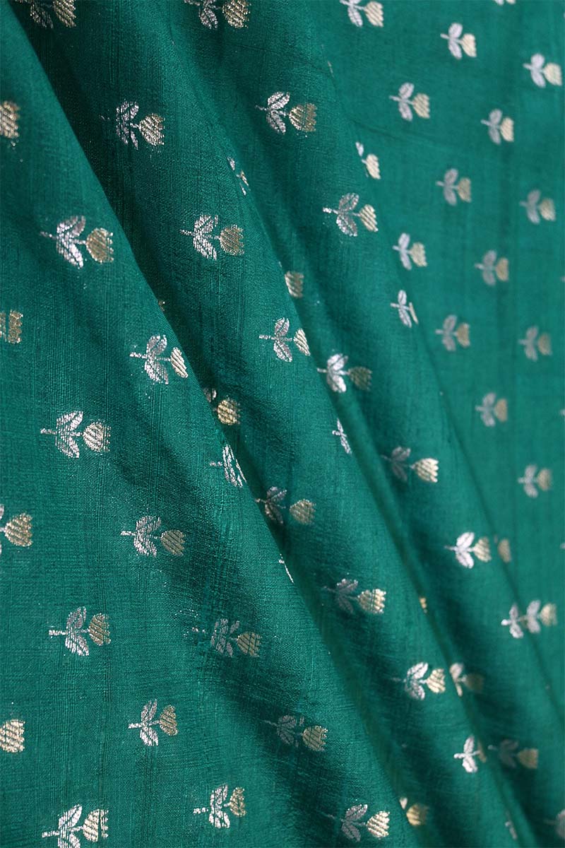 Green Pure Raw Silk Fabric with Gold and Silver Zari Motifs