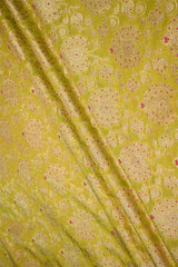 Lime Green Banarasi Silk Fabric with Floral Jaal and Pink Meenakari Detailing