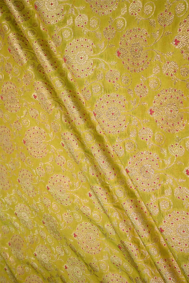 Lime Green Banarasi Silk Fabric with Floral Jaal and Pink Meenakari Detailing