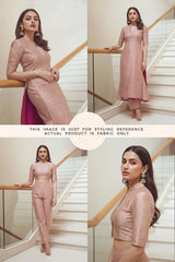 A woman models a pink silk outfit, showcasing the fabric in various poses.