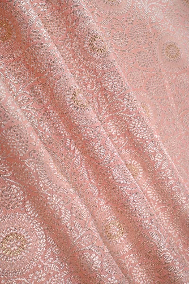 Baby Pink Banarasi Silk Fabric with Floral Jaal and Meenakari Detailing