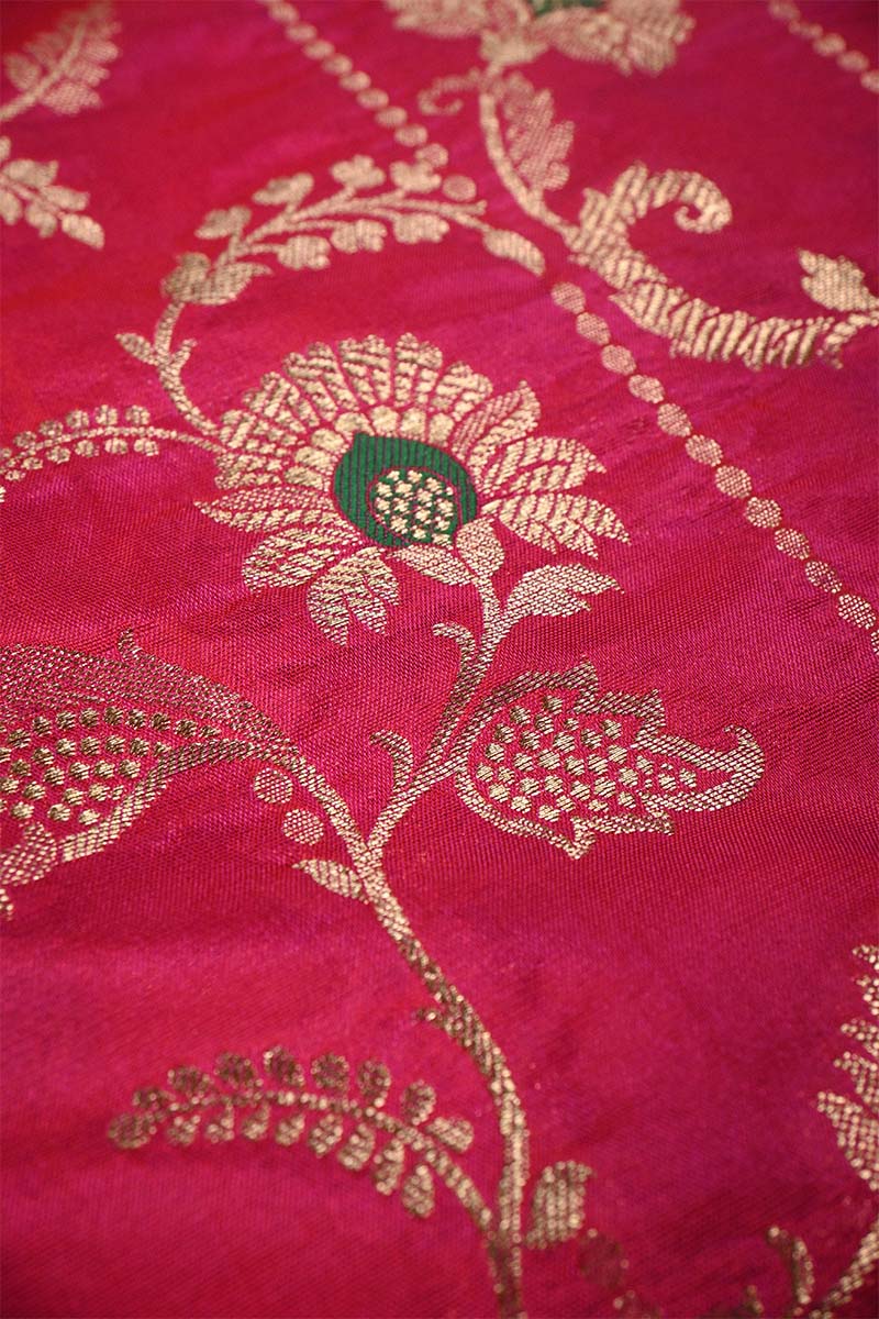 Hot Pink Banarasi Silk Fabric with Floral Leheriya Jaal Work