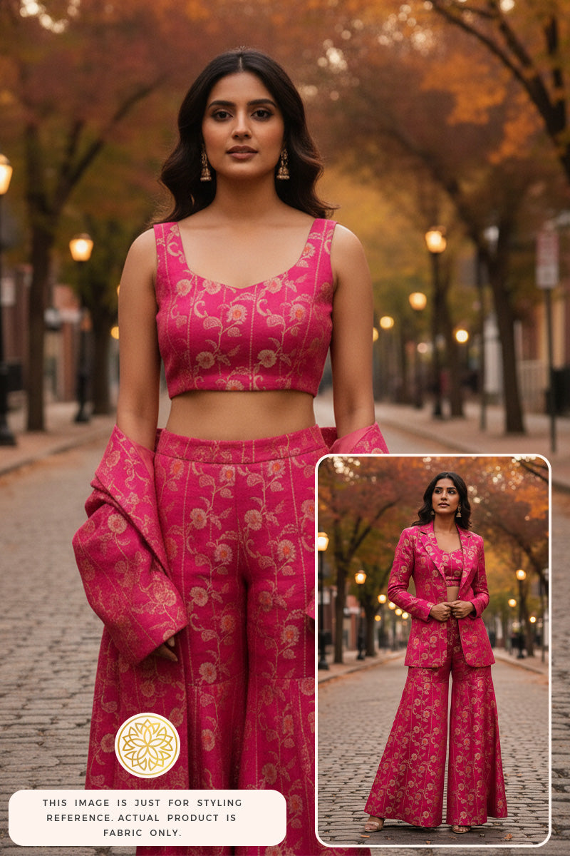 Woman wearing a pink Banarasi Silk made traditional outfit with floral patterns on a street with autumn trees.