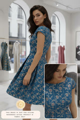 A woman wearing a blue floral Banarasi silk dress against a beige wall, with a close-up inset.