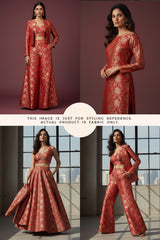 Red patterned silk outfit worn by a model in various settings with text indicating styling reference.