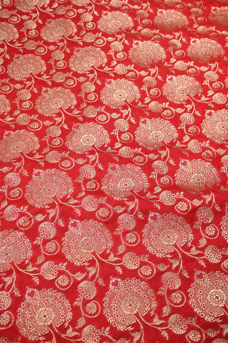 Red Banarasi Silk Fabric with Meenakari & Leheriya Jaal