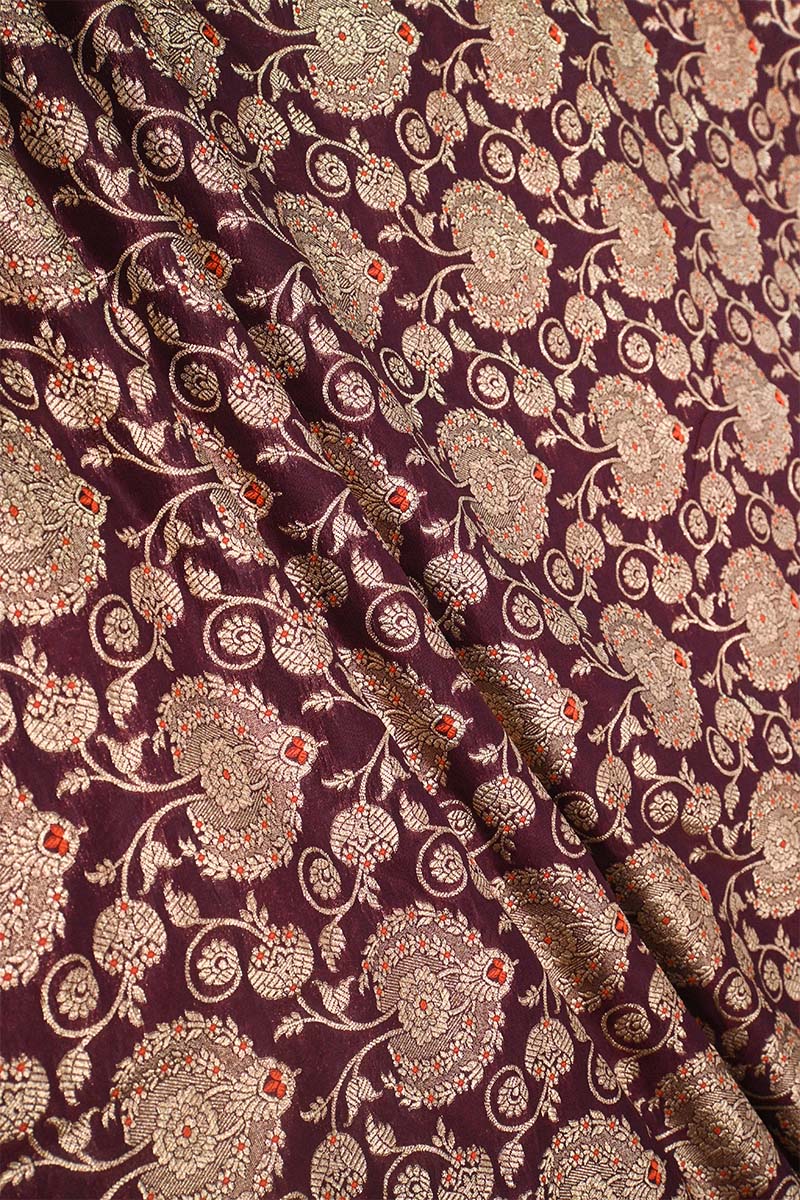 Wine Banarasi Silk Fabric with Meenakari & Leheriya Jaal