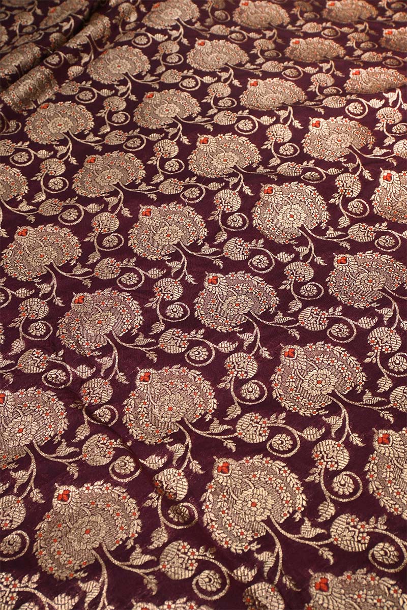 Wine Banarasi Silk Fabric with Meenakari & Leheriya Jaal