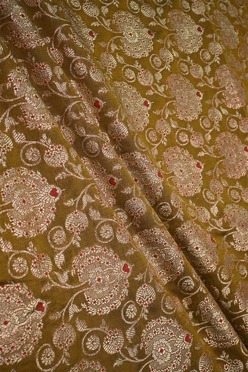 Henna Green Banarasi Silk Fabric with Meenakari & Leheriya Jaal