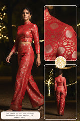 Red traditional outfit with intricate patterns, fabric close-up, and model wearing the outfit.