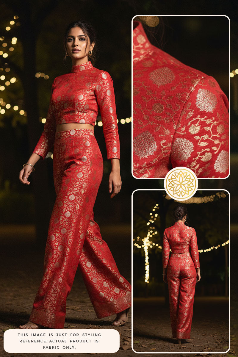 Red traditional outfit with intricate patterns, fabric close-up, and model wearing the outfit.