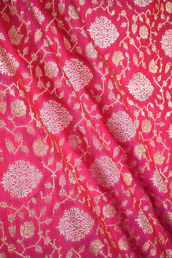 Pink Banarasi Silk fabric with gold and silver zari floral patterns