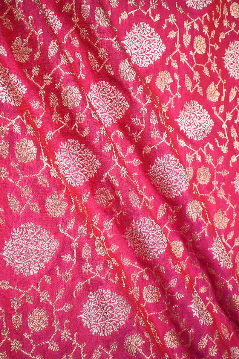 Pink Banarasi Silk fabric with gold and silver zari floral patterns