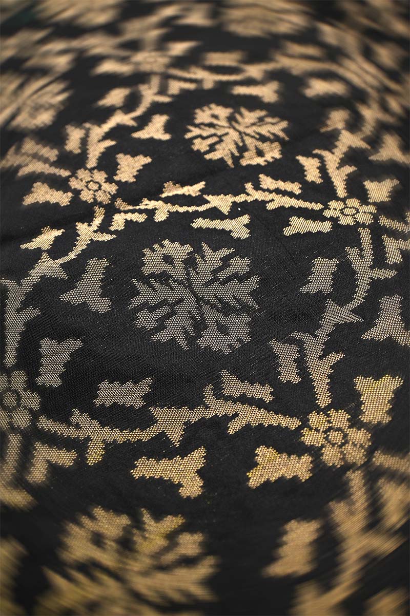 Black Banarasi Silk Fabric with Gold Zari Ikkat Weaving