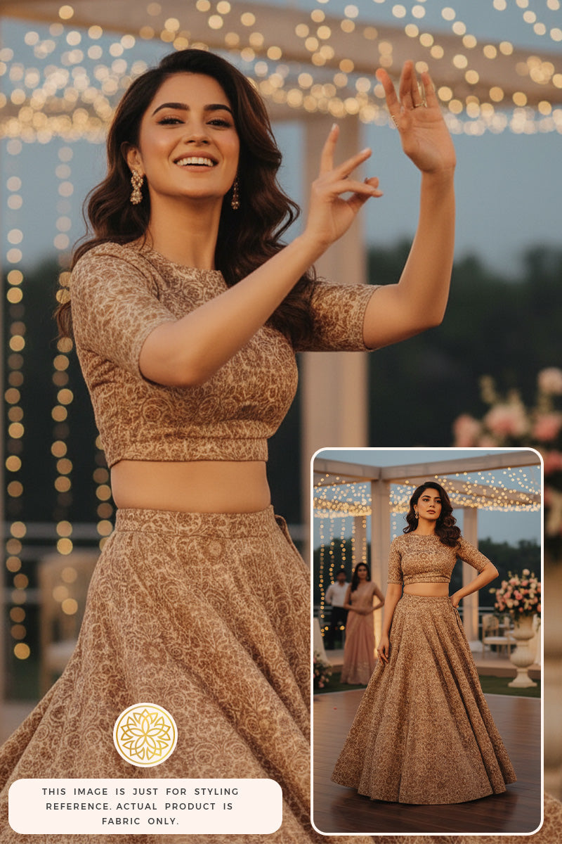 A woman in a banarasi Lehenga outfit with decorative elements, posing outdoors with blurred lights in the background.
